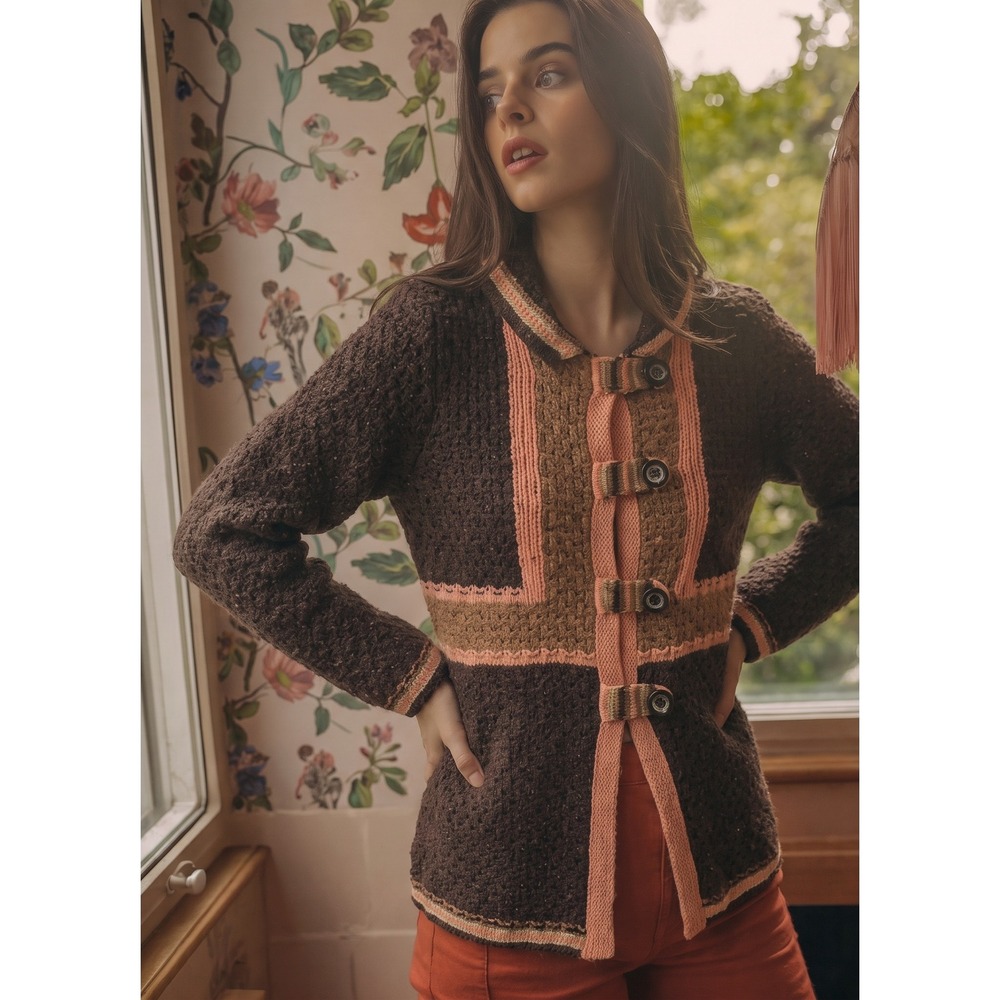 Sparrow Cardigan Sweater Womens S Brown Colorblock Wool Blend Anthropologie